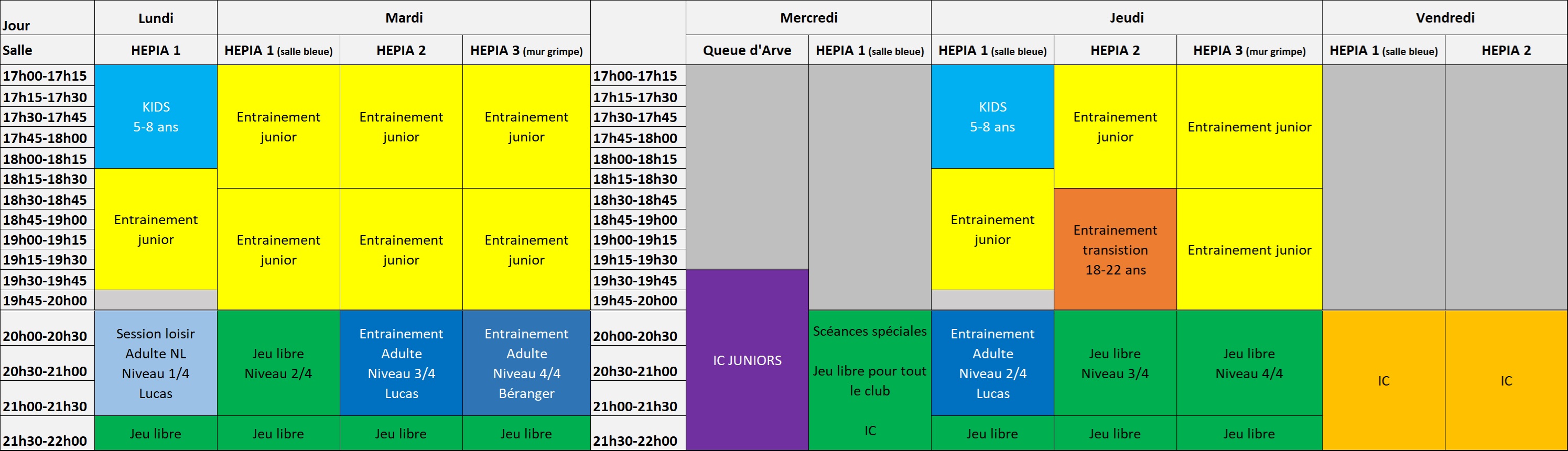 Planning des entraînements et créneaux BC Rousseau 2026–2027